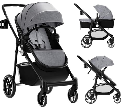 COSTWAY 2 in 1 Kinderwagen faltbar, Kombikinderwagen mit umkehrbarem Sitz & Liegefunktion, Reisebuggy mit verstellbarer Rückenlehne & Verdeck, tragbares Reisesystem für Baby bis 3 Jahren (Grau)