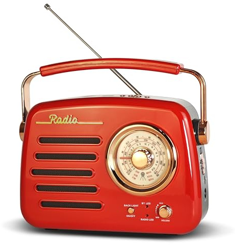 Wenpzeray D329 Portable AM FM Radio, Retro Transistor Radio Speaker with Bluetooth, USB/TF Card Playback for Home/Outdoor/Kitchen (Red)