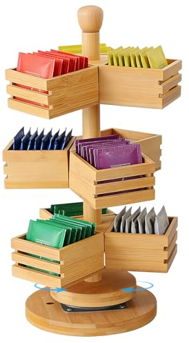 Boîte à thé rotative en bois à 3 niveaux - Grand organisateur de thé pour un rangement optimal du thé - Boîte de rangement pratique pour la cuisine et le bureau