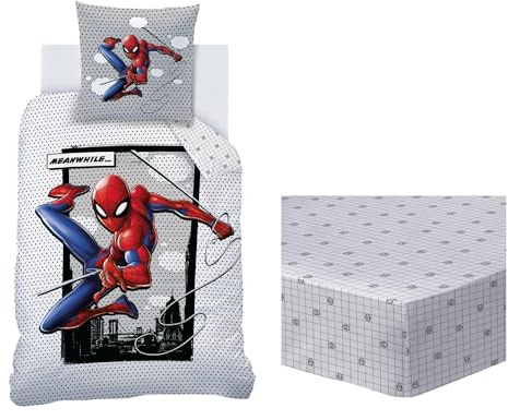 Spiderman Home Hero Ensemble Parure de Lit et Drap Housse Enfant | 100% Coton | Oeko-TEX | Housse de couette 140x200cm + 1 Taie d'oreiller 63x63cm + 1 Drap Housse 90x190cm | Imprimé Garçon (Gris)