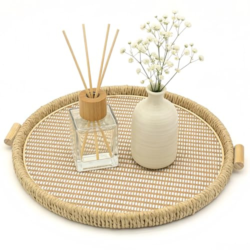 Deko Tablett, SLHEQING Holztablett mit Griff Handgewebtes Serviertablett, Rustikaler Vintage-Stil Gewebter Seil Tablett Boho Home Decoration für Couchtisch Kommode, Wohnzimmer