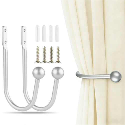 Curtain Tieback Holdbacks, 2pcs Metal Curtain Hooks for Wall Mounted, Curtain Drapery Holder Pull Backs for Hanging Items and Window Decoration, Silver