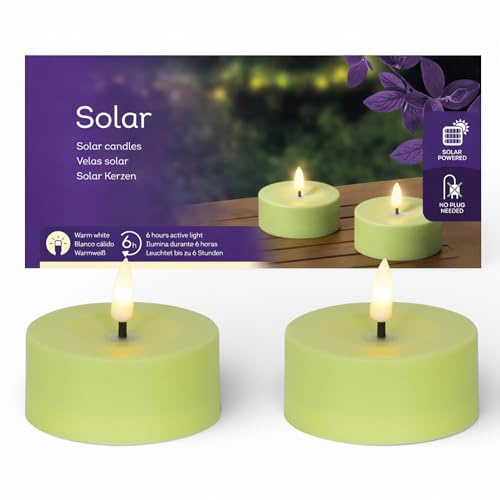 MIJOMA Solar Teelichter 2er Set für Außen – LED Teelicht mit warmweißem Flammeneffekt – wetterfestes Gartenlicht mit Schalter – Solarbetrieb bis 6 Stunden Leuchtdauer (Salbei Grün)