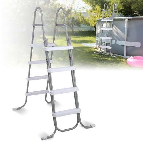 Bonnlo Poolleiter klappbar bis 160cm Höhe, Pooltreppe aus PP-Kunststoff&Eisen, 4-stufig, bis 136 kg belastbar, für oberirdische Pools, graue Rahmen&weiße Trittflächen