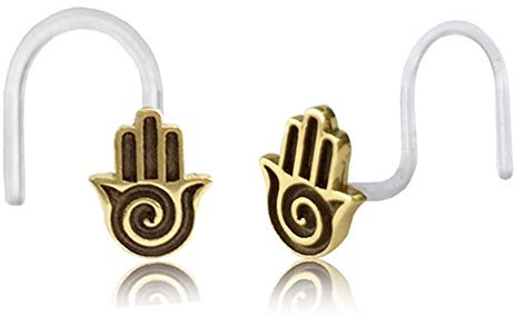 CHICNET Nostril Piercing Messing Nasenstecker Screw Ende Bioflex antik golden Steine | Nasenschmuck Stabdicke ca. 0,8 mm | Unisex Damen Herren Tribal Design Nasenpiercing Brass transparent Hand