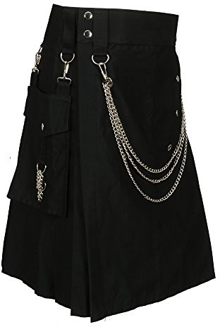 Scottish Black Fashion Utility Kilt with Silver Chains (Belly Button Measurements 32)