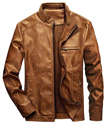 WULFUL Chaqueta de cuero para hombre, cuello alto, ligera, de piel sintética, Marrón, X-Large