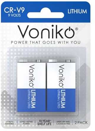 Voniko 9V Lithium Battery 2-Pack, 10-Year Shelf Life, Long-Lasting Power for Smoke Detectors, Carbon Monoxide Alarms & Medical Devices
