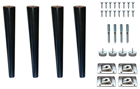 Wooden Tapered Cone Furniture Replacement Legs Raw State M8 Thread Angled Mounting Plates Protective Felt Pads Set of 4 Legs for Sofa Cabinet Footstool Chair Bed Ottoman (12'' = 30 CM, Black)