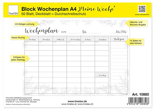 TimeTEX Block 50 Blatt - Meine Woche - A4 Querformat - Wochenplaner mit freiem Kalendarium - 10880