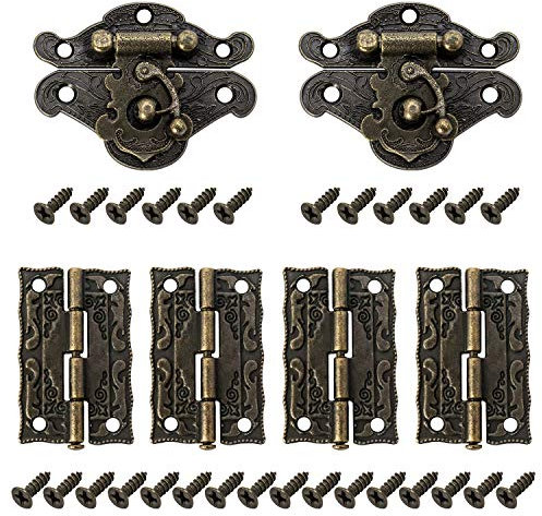 QWORK® 2 Piezas Cierre de Bronce Antiguo, Bronce vintage Cerradura, Cerradura de Joyero Decorativo de Armario de Muebles con 4 bisagras y 28 tornillos