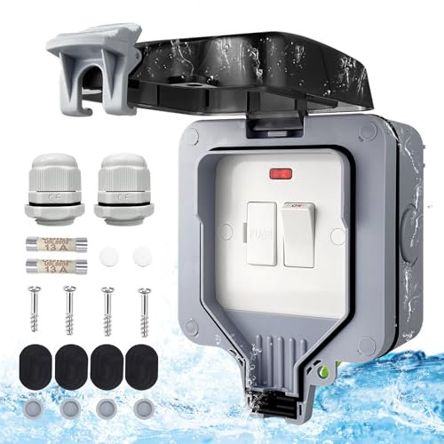 Outdoor Fused Spur Switch Connection Unit with Power Indicator IP66 Waterproof 13amp Single Gang Outlet Garden External Electrical Outside Socket Box