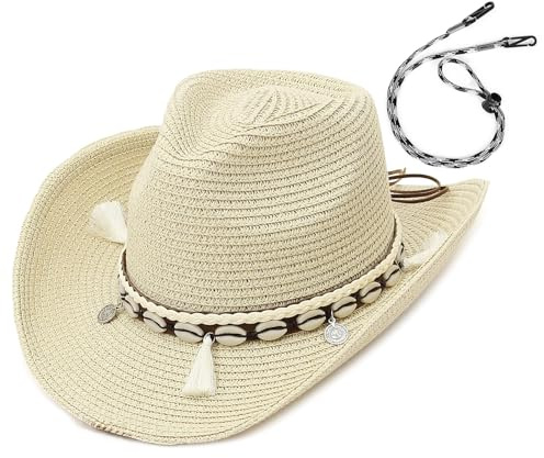 GEMVIE Stråhattar för kvinnor Solhatt Solhatt Strandhatt med skalrem + UPF50 Justerbar och packbar sommar Fedora Trilby-hatt för kvinnor (Beige)
