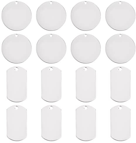 DICOSMETIC 20 Stück Gravieren Blanko Tags 2 Stile Stanzen Rohlinge Anhänger Runde Tag mit Loch Rechteck Anhänger Edelstahl Flache Runde Anhänger Für Die DIY Schmuckherstellung, Bohrung: 2mm