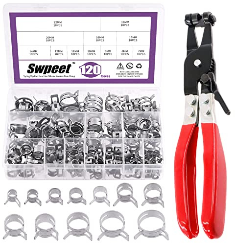 Swpeet 121 Stück 7–22 mm Dacromet Federband-Schlauchschellen mit schwenkbarem Flachband, Kraftstoffschlauchklemmen, Sortimentskit, Aktionsrohrklemme, Niederdruck-Luftclip-Klemme für Schlauchschellen