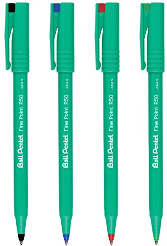 Pentel R50 Tintenroller mit feiner Spitze, 0,8 mm Spitze, 0,4 mm Strichbreite, 77 % recycelt, Schwarz, Blau, Rot und Grün, 4 Stück