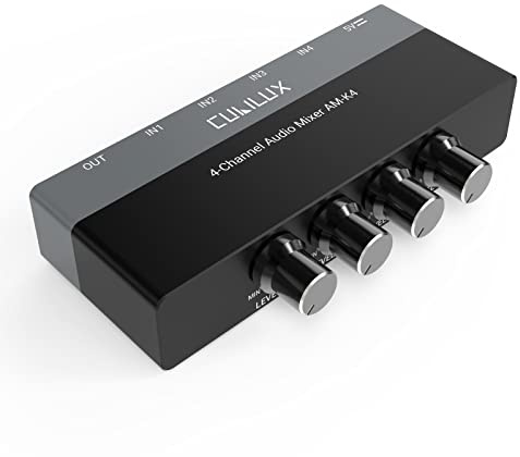 Cubilux AM-K4 6,35 mm Audiomischer, 4 Kanal 1/4 Zoll Mini AUX Linienmischer mit HiFi Verstärker, USB C 5 V Strom, für Bühne, Studio, Instrumente