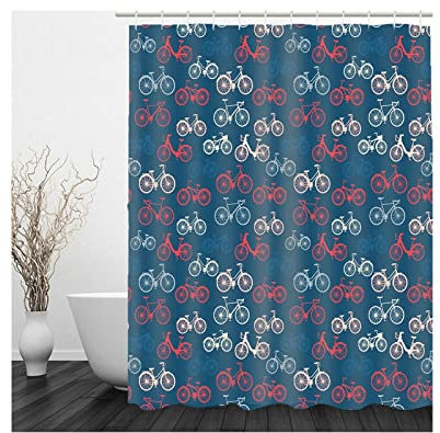 Whoiy Duschvorhang Rot, Duschvorhang Eckbadewanne 150X200cm Polyester Duschvorhänge Fahrräder Muster Weiss für Badezimmer