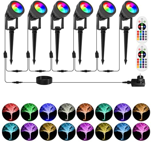 Luces Solares RGB para Exteriores, T-SUNUS Focos LED Multicolores 12V con Mando Distancia, Impermeable IP65, 16 Colores & 4 Modos, Lámparas de Jardín con Estaca para Caminos, Jardines Navidad, 6 in 1