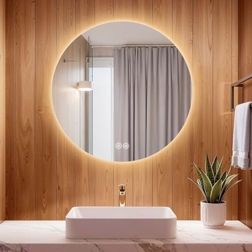 S'AFIELINA Miroir de Salle de Bain Rond 50cm Diamètre avec Éclairage Miroir Mural LED avec Interrupteur Tactile Miroir de Salle de Bain à 3 Couleurs de Lumière Froid/Chaud/Neutre intensité Variable
