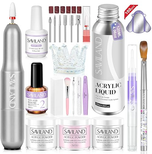 Saviland Acrylic Nail Kit with Electric Drill, 3 Colors Powder & Liquid Set, Includes Bond Primer, Brush, Top Gels, Cuticle Oil, Complete Manicure Gift Set for Her