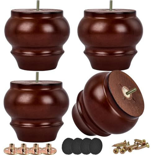 4 Inch/ 10cm Brown Solid Wood Furniture Legs, 4Pcs Mid-Century Modern Turned Wooden Bun Feet with Threaded M8 Hanger Bolts & Mounting Plate & Screws for Sofa Cabinet Armchair Couch Recliner