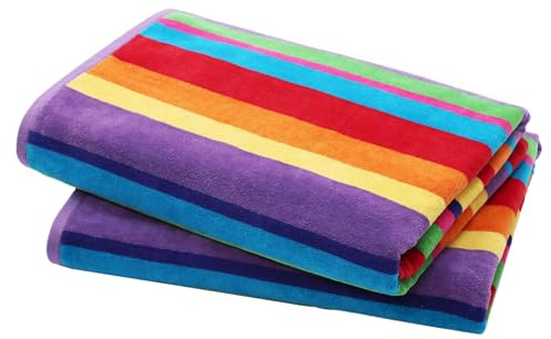 COTTON CRAFT Oversized Beach Towel - 2 Pack 35x70 XL Summer of Siam Towel Set - 100% Cotton Pool Bath Towel - Terry Jacquard Velour 450 GSM Plush Super Soft Absorbent Luxury - Multi Color Stripe