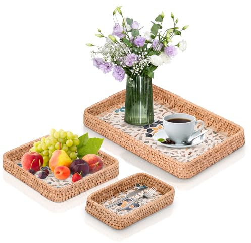 Pilipane 3 Sizes Wicker Basket Rattan Tray Set, Handwoven Woven Baskets for Dining, Coffee Table, Breakfast, Storage Display Eco-Friendly, Natural Rattan Perfect for Fruit, Gift Basket Hamper Kit