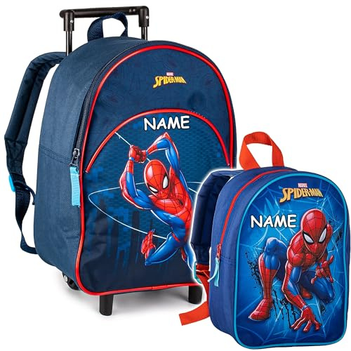 alles-meine.de GmbH 2 TLG. Set - Kinder Trolley & Rucksack - Spyderman - inkl. Name - wasserabweisend & beschichtet - für Mädchen & Jungen - Trolly mit Rollen - Kindertrolley - T..