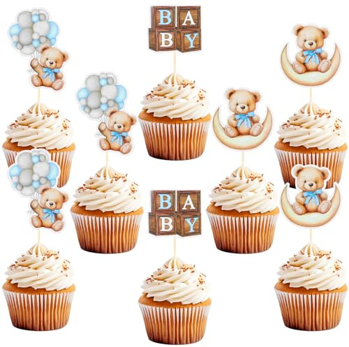 24 PCS Bear Cupcake Toppers, Baby Shower Baby Bear Cake Decorations Little Bear Cupcake Topper for Bear Theme Baby Shower Birthday Supplies (Blue)