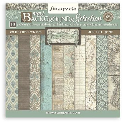 Stamperia Bloc de álbumes de Recortes, 10 Hojas de 30.5 x 30.5 (12 x 12) Maxi selección de Fondo Voyages Fantastiques, Multicolor, 30 cm