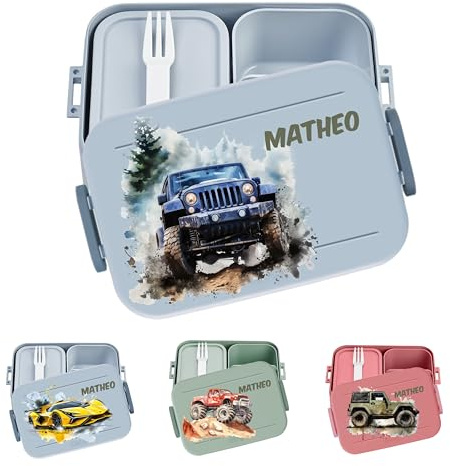 wolga-kreativ personalisierte Mepal Brotdose mit Auto Monstertrack Motiv - Lunchbox Kinder, Jausenbox Kindergarten, Brotbüchse Einschulung mit Fächern Mepal, Vesperdose Junge