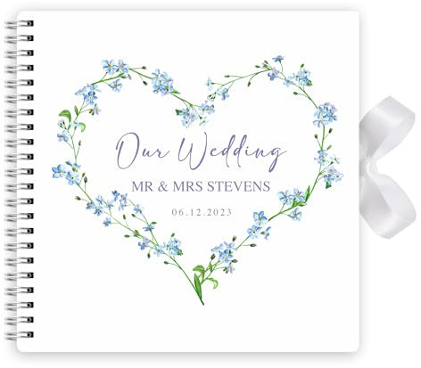 Personalised Wedding Guest Book Custom Photo Album Couples Keepsake Gift With Ribbon Closure - 20cm x 20cm - 50 Sheets (Blue Floral Heart Name)