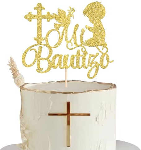 Xsstarmi 1 paquete de decoración para tartas de Mi Bautizo en español, decoración para tartas de bautizo, cruz de primera comunión, para religioso, Dios bendiga, niño, bautizo, baby shower, decoración