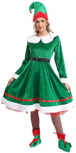 FEESHOW Damen Weihnachtself Kostüm Kleid Wichtelmütze Elf Schuhe Strümpfe Set Erwachsene Karneval Weihnachtskostüm Party Cosplay Outfit