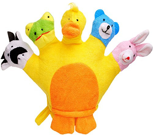 alles-meine.de GmbH 3-D Effekt Waschhandschuh/Handpuppe - 5 Finger - lustige Tiere Frosch - Ente - Teddy - Hase - Kuh - ab Geburt / 0 Monate - Frottee - 100% Baumwolle..