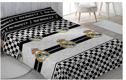 Juego de Cama R. Madrid de Fútbol, 3 Piezas (Bajera, Encimera y Funda de Almohada), Sábanas del Madrid, Regalo, Oficial Fútbol Madrid, (Modelo 1, 105 cm)