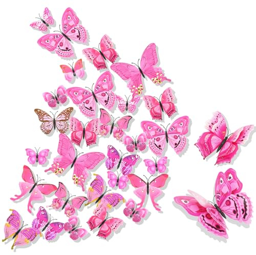 3D Papillon Stickers Muraux pour décoration 24PCS de Maison Autocollants Muraux de Papillons 3D Sticker Mural bricolage papillon amovible Réutilisable Pour chambre Salon rose