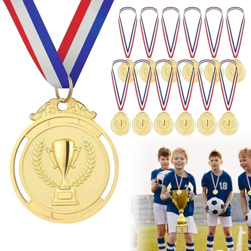 Médaille de Récompense pour Enfants, Médaille d'or avec Rubans de Cou, 12 Pièces Médailles Enfants, Medailles Olympiades, Médailles de Football pour Enfants, Medaille Football Metal pour Enfants