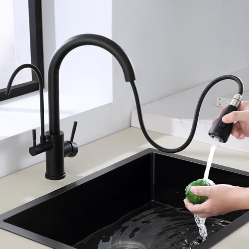 ROVOGO Mitigeur Robinet d'Évier de Cuisine Noir 3 Voies à Eau Filtrée en Acier Inoxydable 304, Douchette Extractible à 3 Modes, 2 Manches pour Eau Chaude/Froide/Potable, Bec en C 360° Rotatif
