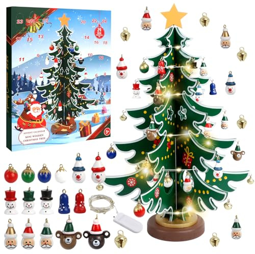 Calendrier de l'Avent 2025 Mini Sapin, Sapin de Noël en Bois avec Lumières et 36 Ornements, Compte à Rebours de 24 Jours de Noël, Jouet DIY pour Décoration de Table