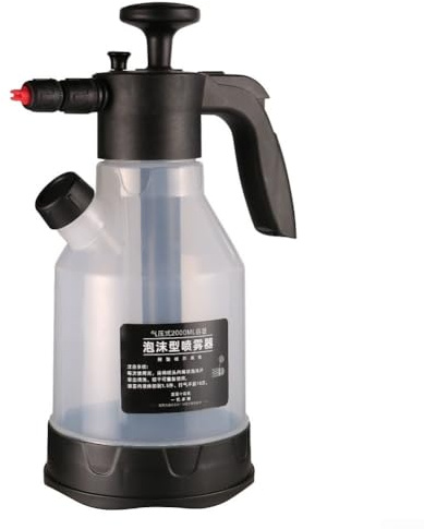 Botella pulverizadora de presión de 2 L con taza medidora para prelavado y espuma de nieve, diseñada para limpieza de automóviles y mantenimiento de llantas de aleación