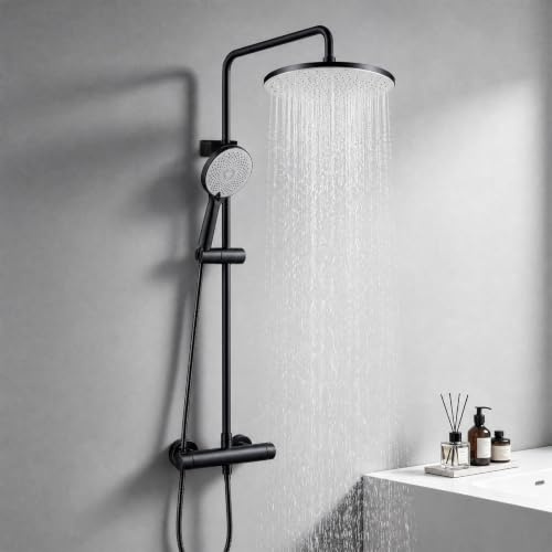 JUSTER Miscelatore termostatico doccia, Colonna doccia con miscelatore | Colonna doccia，coccia pioggia 25 cm, 3 getti, altezza reg., miscelatore termostatico 38°C, accessori, installazione facile.