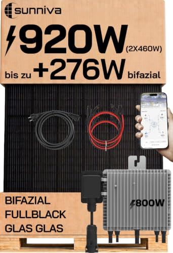 SUNNIVA® 920W Balkonkraftwerk BIFAZIAL FULLBLACK komplett Steckdose DEYE 800W Wechselrichter, PV Solaranlage, 2x 460W Glas Solarmodule, inkl. 5m Kabel, Bluetooth WIFI, Komplettset