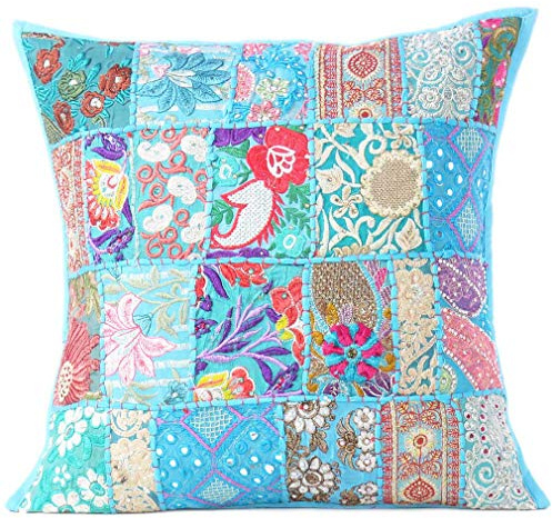 Eyes of India - de Colores Patchwork Almohada Decorativa Sofá Funda de Cojín Sofá Manta Indio Bohemia de Colores Bohemio Cubierta - Azul Claro, 16 X 16 in. (40 X 40 cm)
