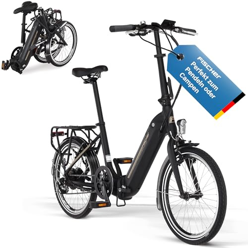 FISCHER E-cykel hopfällbar cykel Agilo 2.0 elcykel för kvinnor och män, RH 36 cm, bakhjulsmotor 25 Nm, 36 V batteri i ram, svart matt, 20 tum
