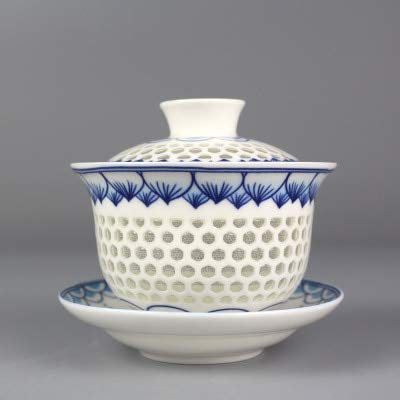 LINPO Zuppiera Ciotola in Porcellana Ciotola Dipinta a Mano Design Cava Gaiwan Ciotole con Coperchio in Ceramica Piattino con Coperchio