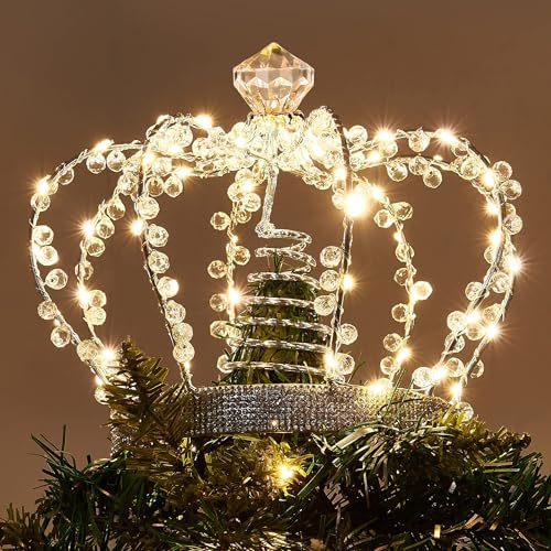 DELICHTER Krone Baumspitze mit 60 warmweißen LEDs beleuchtet Weihnachtsbaumspitze mit 8 Lichtmodi Stormbetriebene Weihnachstdeko Christbaumspitze für Tannenbaum Outdoor Innen Tischdeko