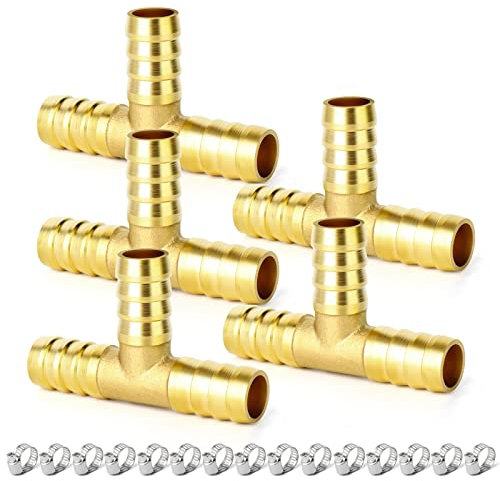 ERGAOBOY 5 Pcs 10mm Brass Hose Barb Tee, 3 Way T Shaped Hose Fitting with 15 Pcs Clamps