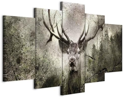 murando - Wandbilder XXL Hirsch 200x100cm 5 tlg - Wand Deko Leinwand Bilder Groß Wanddeko Wohnzimmer Schlafzimmer Kunstdrucke Tier Betonoptik Wald g-C-10066-b-a